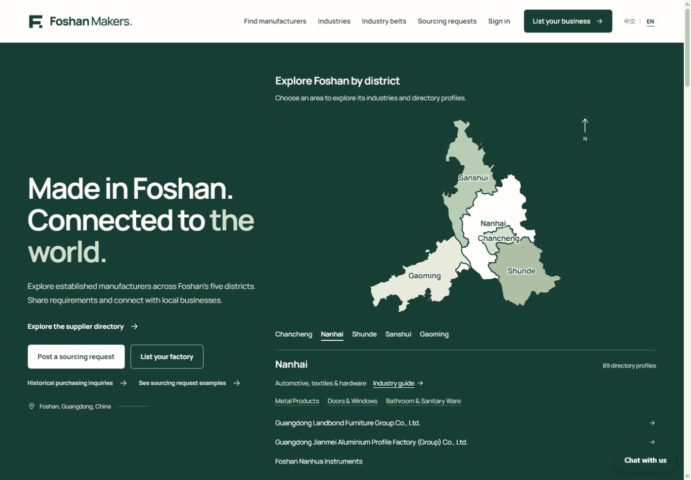Foshan Makers英文网站：深绿商务界面与产业地图